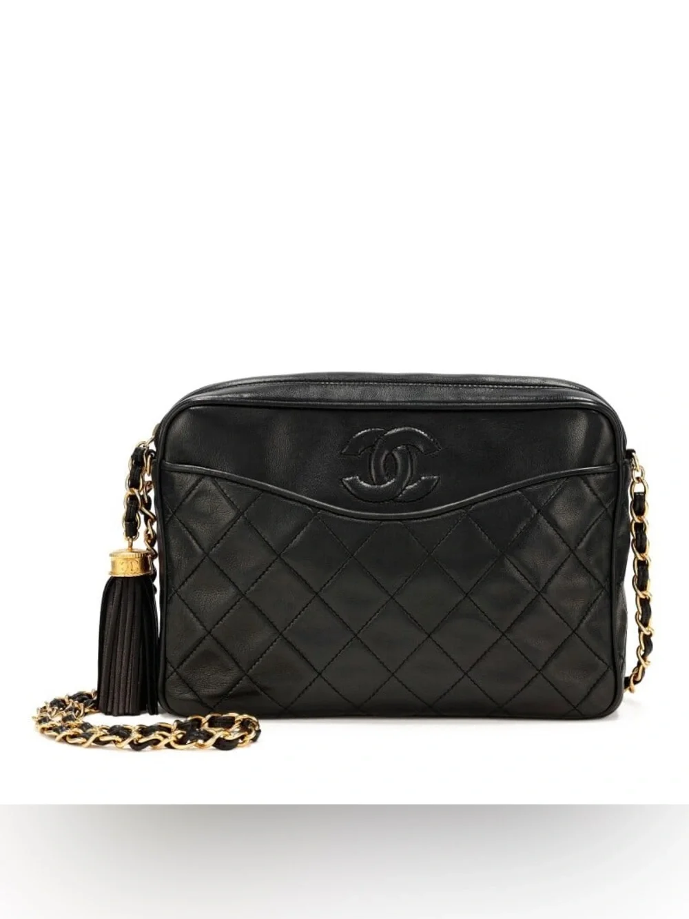 Authentic CHANEL vintage black lambskin tassel camera bag